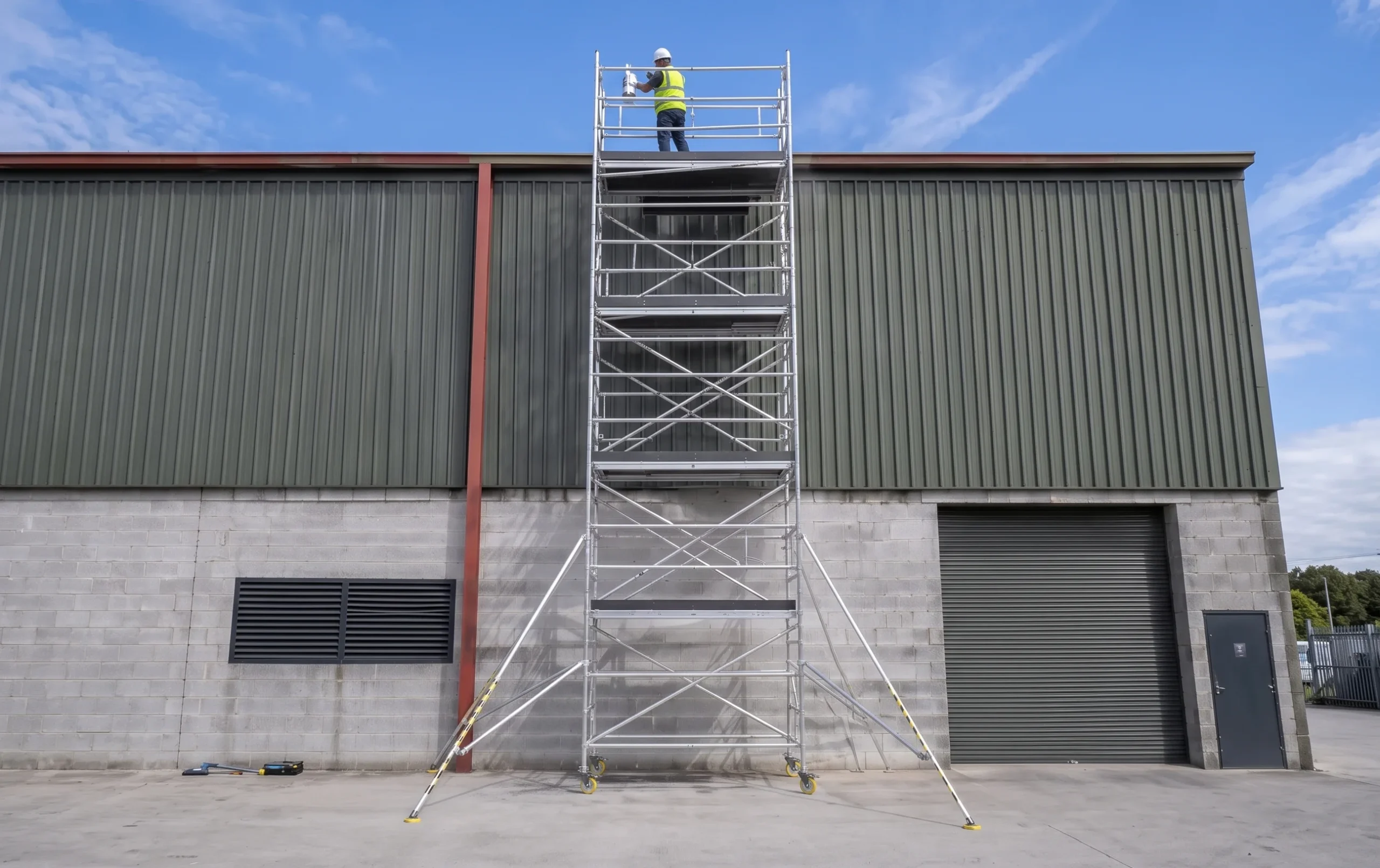 An 8m mobile scaffold tower with extended stabilisers erected for high-level repairs in Galway.