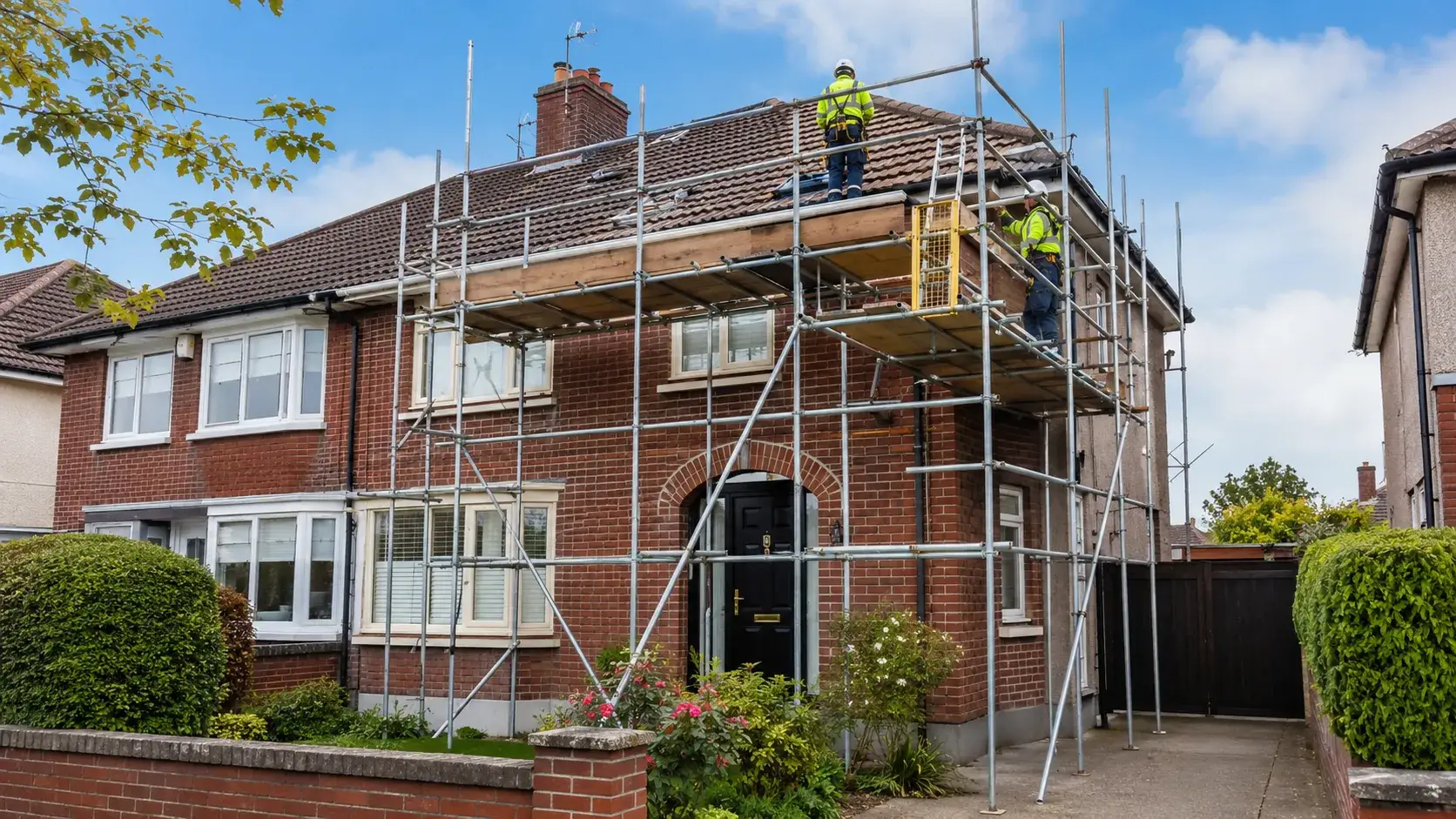 A temporary site access ladder secured to a scaffold platform at a precise 75-degree angle, illustrating the 4-to-1 safety rule constraint.
