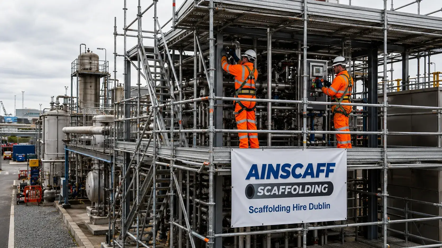 Commercial scaffolding system providing secure access for a large construction project.