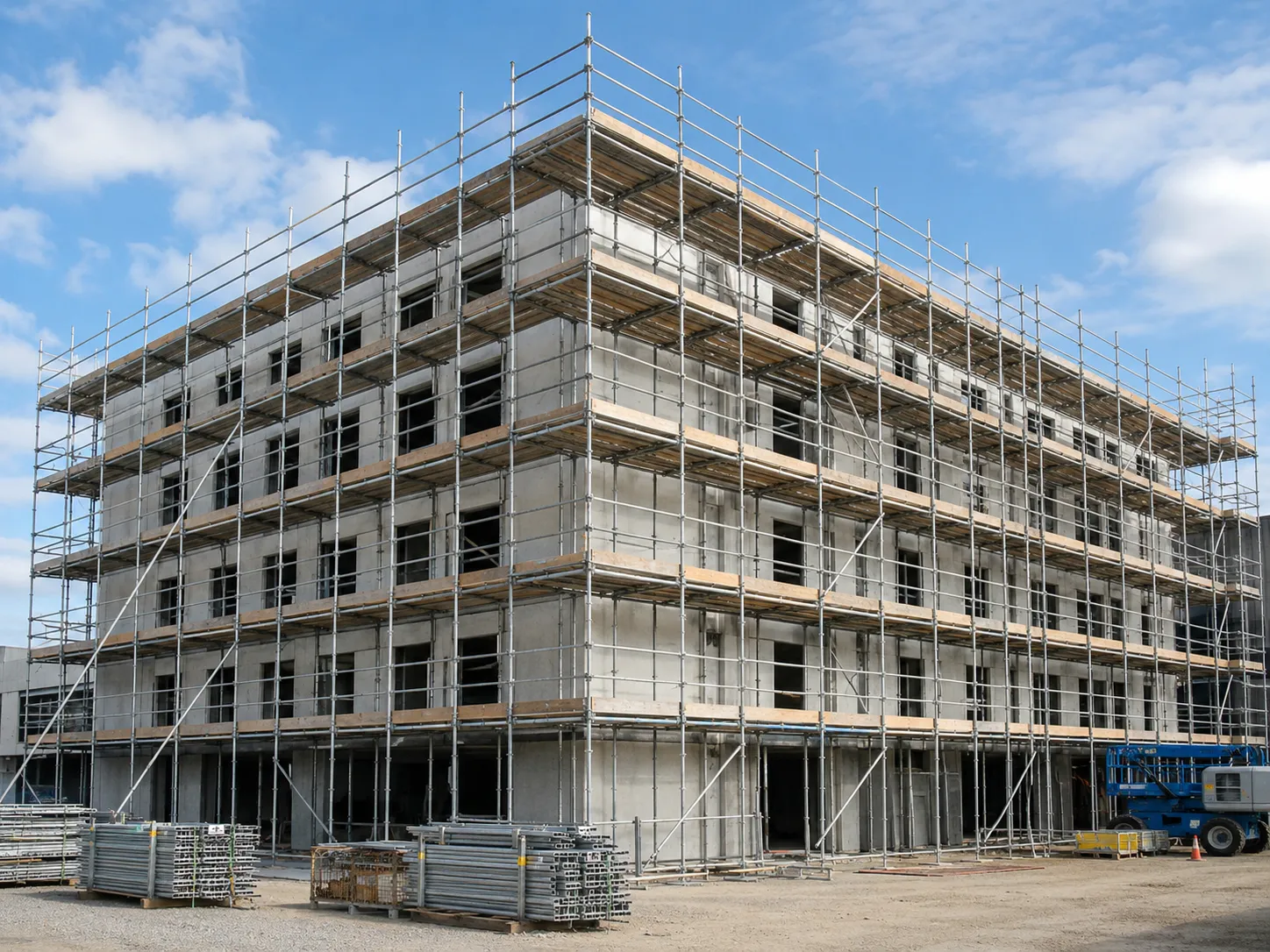 Secure residential scaffolding built around a roof edge and chimney stack for a home re-roofing and chimney repair renovation in Ireland.