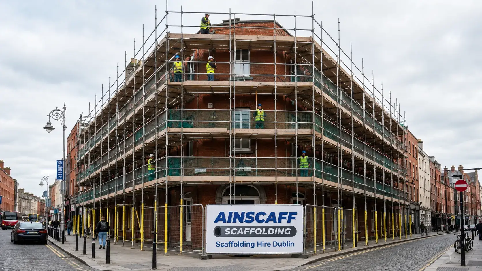 Safe steel scaffolding installed around a multi-storey building for construction and maintenance work.