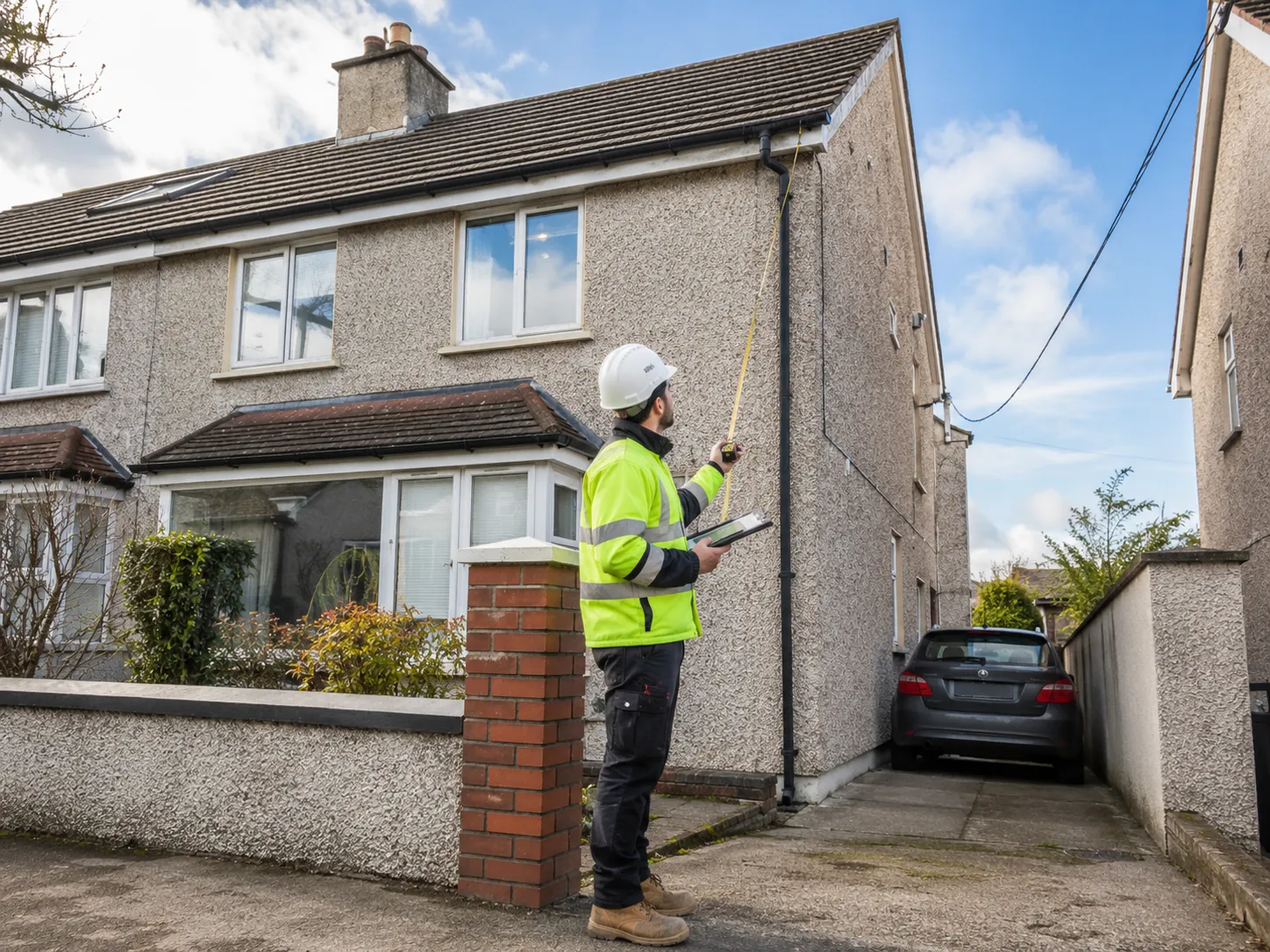A representative from a scaffolding contractor conducting a property site survey to measure elevations and check for potential access constraints.