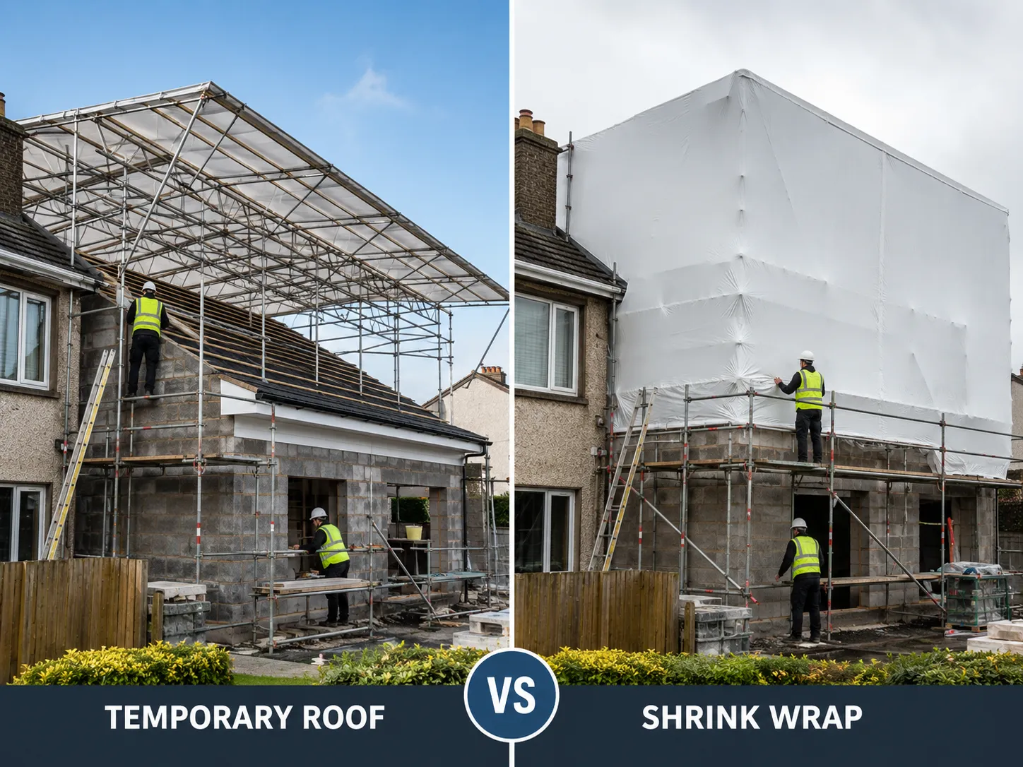Scaffolding erected around a domestic house extension project in Ireland to support ongoing block work, roofing, and fascia, soffit, or guttering installations.