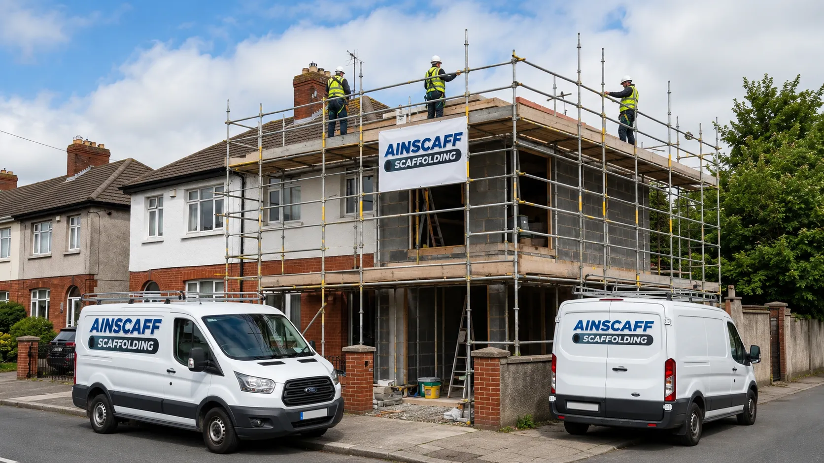  Scaffolding erected for a home renovation and roof repair project in Dublin.